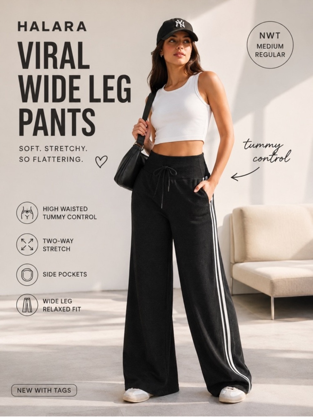 NWT Halara Ribbed High Waisted Tummy Control Drawstring Wide
Leg Pants